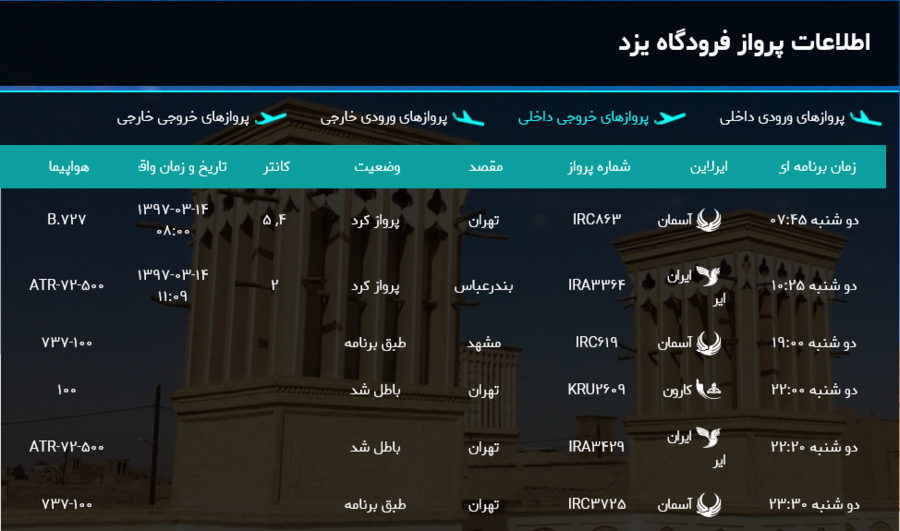 برنامه پرواز‌های امروز فرودگاه شهید صدوقی یزد +  لیست