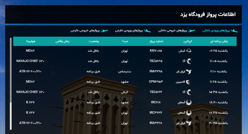 برنامه پرواز‌های امروز فرودگاه شهید صدوقی یزد + لیست